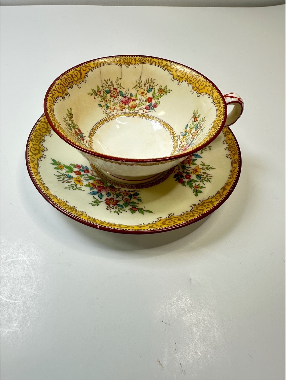 Antique Minton Warwick Yellow Hindhead Porcelain Teacup + Saucer